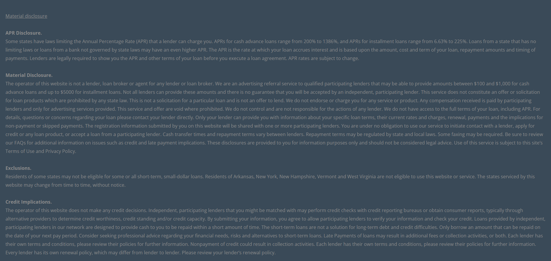 Material disclosure for payday loans in Inglewood California